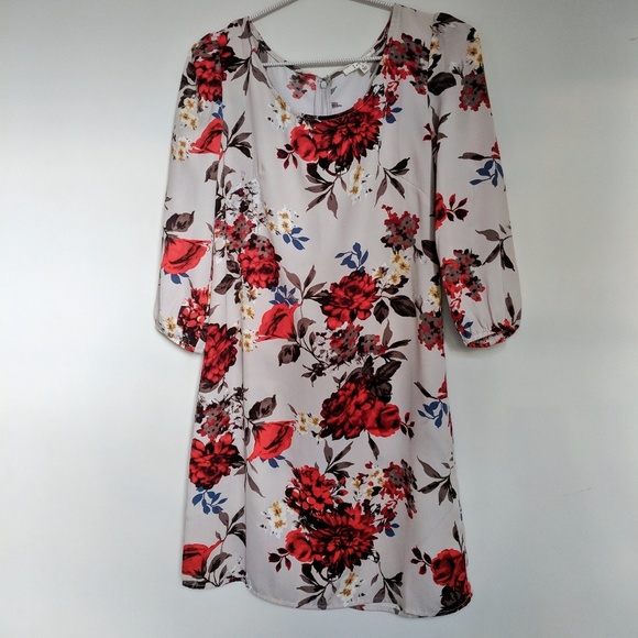 Summer SALE Floral Red Blue Dress, Mid length, Size Small, Long Sleeve Puff - Picture 2 of 8